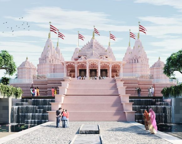 CGI of BAPS Hindu Mandir temple in Abu Dhabi where Extreme Networks has a contract. Image: BAPS