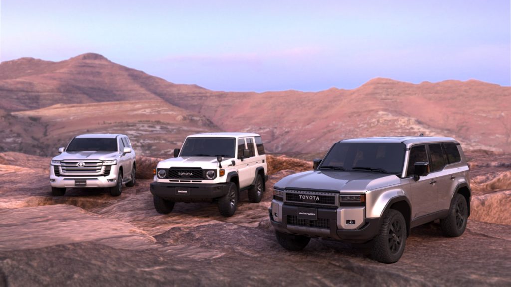 (L-R) Land Cruiser 300, Land Cruiser 70 (prototype), Land Cruiser 250 (prototype): Image: Toyota